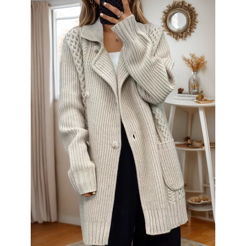 Women's Sweater Cardigan Sweater Jacket Shirt Collar Cable Knit Lace up Button Pocket Spring Fall Home Daily Weekend Vintage Daily Casual Long Sleeve Pure Color Camel4