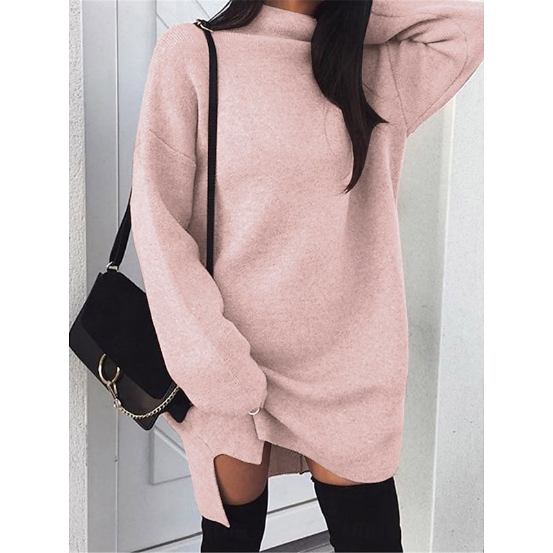 Women's Casual Dress Mini Dress Split Casual Stand Collar Long Sleeve Black Yellow Pink Color2
