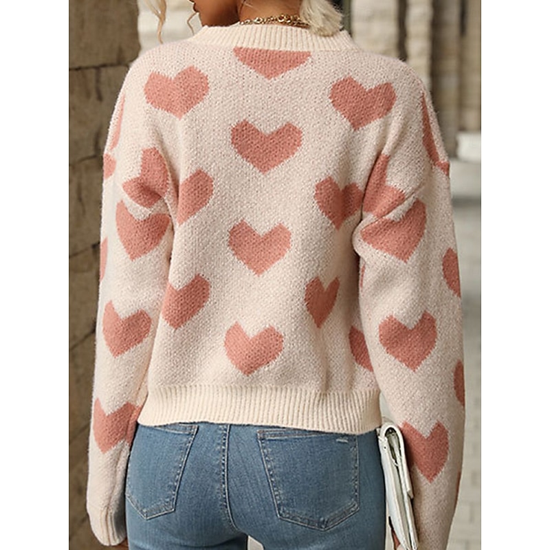 Women's Sweater Pullover Sweater Jumper Casual Soft Heart Ribbed Crew Neck Knitted Long Sleeve Regular Tops Knit Outdoor Daily Weekend Pink Fuchsia Fall Winter2