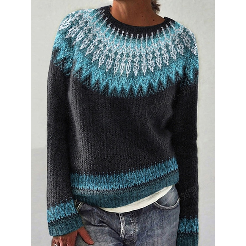 Women's Sweater Pullover Sweater Jumper Casual Soft Geometric Ribbed Crew Neck Knitted Long Sleeve Regular Tops Knit Outdoor Daily Weekend Black Light Green Fall Winter - Main Image