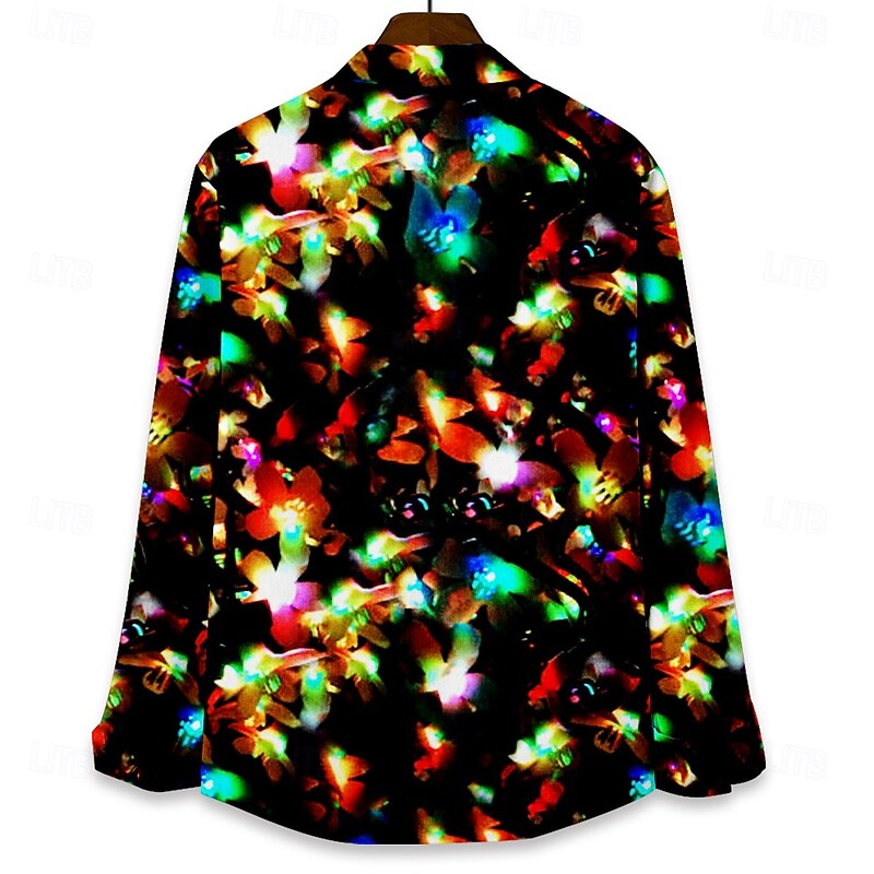 Christmas Men's Christmas Light Printed Shirts Sparkly Flash Hawaiian Button Up Beach Long Sleeve Party Evening New Years Eve Shirts Fall Winter Spring & Summer Collared Shirts 3D Print Thin Black2