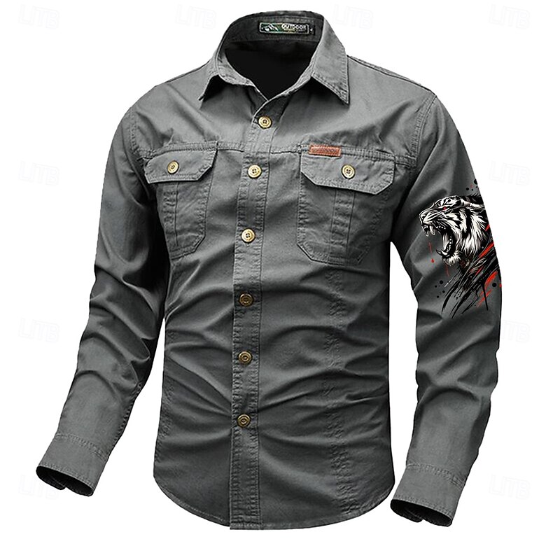 Men's Tiger Work Shirt Western Shirt Cargo Shirt Long Sleeve Vintage Casual Western Style Sports & Outdoor Going out Winter Spring &  Fall Turndown Print Black White Army Green Red Blue4