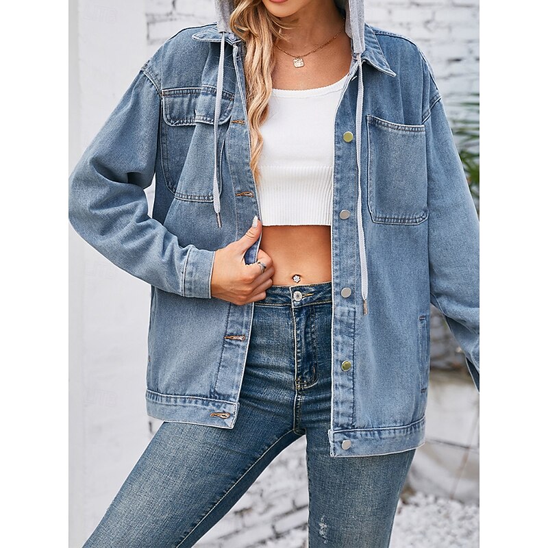 Women's Hoodie Jacket Denim Jacket Outdoor Street Daily Wear Fall Winter Regular Coat Regular Fit Thermal Warm Breathable Stylish Casual Jacket Long Sleeve Solid Color with Pockets Light Blue Black4