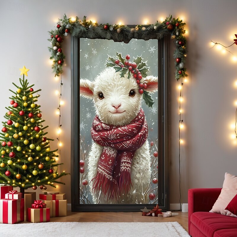 Christmas Door Decorations Door Covers Xmas Sheep Door Tapestry Door Curtain Decoration Backdrop Indoor/Outdoor Door Banner for Front Door Farmhouse4