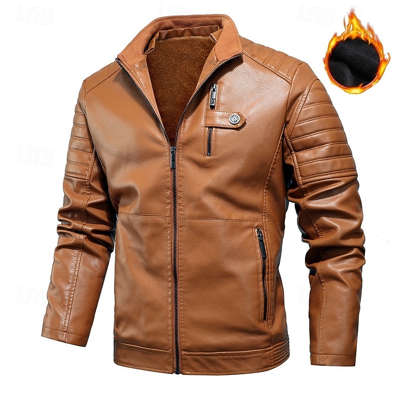 Men's Faux Leather Jacket Formal Home Full Zip Winter Spring &  Fall Solid Color Vintage Fashion Shirt Collar Regular Black White Burgundy Brown Jacket