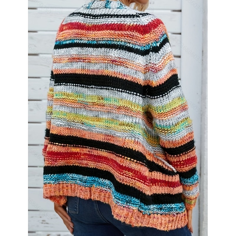 Women's Sweater Striped Cardigan Open Front Ribbed Knit Pocket Knitted Fall Winter Outdoor Daily Weekend Casual Soft Long Sleeve Red Blue3