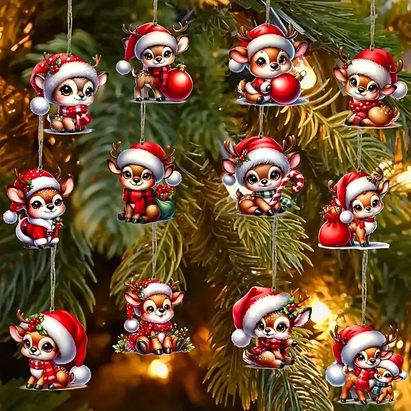 24pcs Christmas Wooden Ornaments, Xmas Tree Pendant Decoration - Vintage Reindeer Design with Hanging String, Perfect for Holiday Tree Decor and Gifts