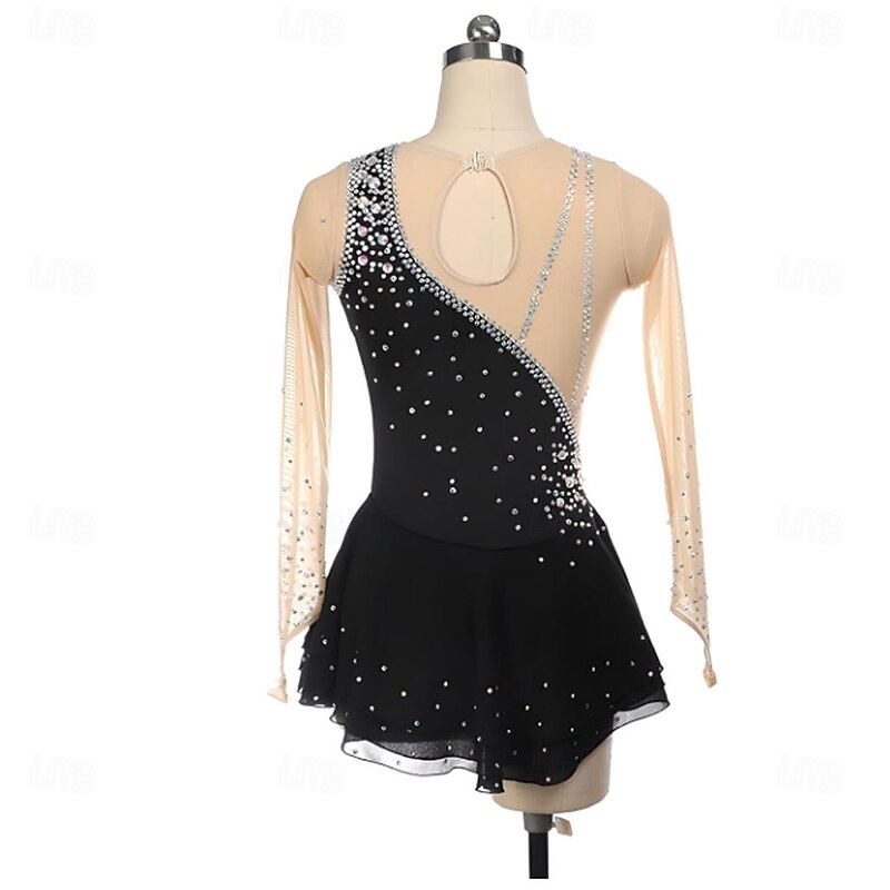 Girls Figure Skating Dress Long Sleeves One Shoulder Round Neck Rhinestone Ballet Dance Competition Costume3