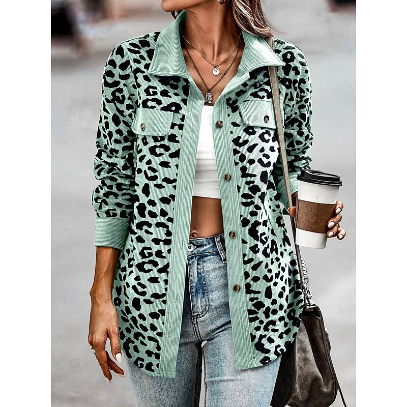 Women's Casual Jacket Outdoor Street Daily Wear Fall Winter Regular Coat Regular Fit Thermal Warm Breathable Stylish Casual Jacket Long Sleeve Leopard with Pockets Print Pink Blue Green