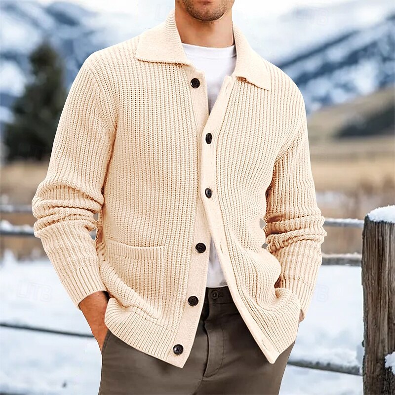 Men's Cardigan Sweater Knit Sweater Ribbed Knit Regular Button Up Side Pockets Solid Color Collar Fashion Classic Daily Wear Date Clothing Apparel Spring Fall & Winter Black Brown S M L2