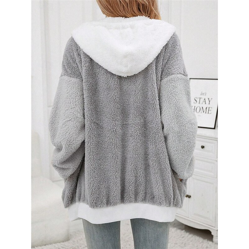 Women's Teddy Coat Hoodie Jacket Outdoor Street Daily Wear Fall Winter Regular Coat Regular Fit Thermal Warm Breathable Stylish Casual Jacket Long Sleeve Plain with Pockets Full Zip Gray2
