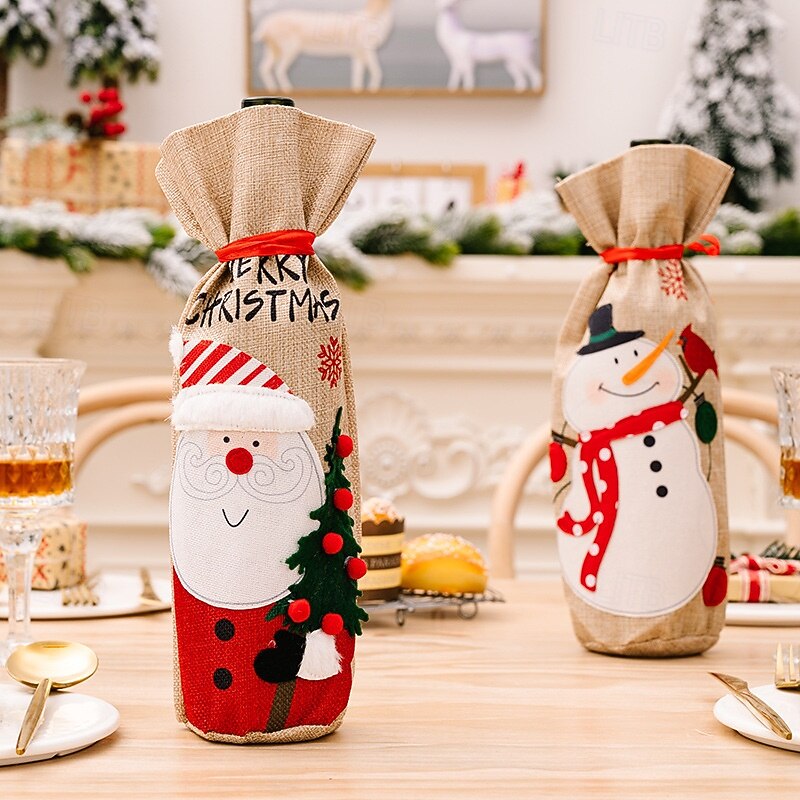 Christmas Wine Bottle Covers, Burlap Santa & Snowman Wine Bags, Cartoon Drawstring Wine Bottle Sack Decoration for Holiday Party3