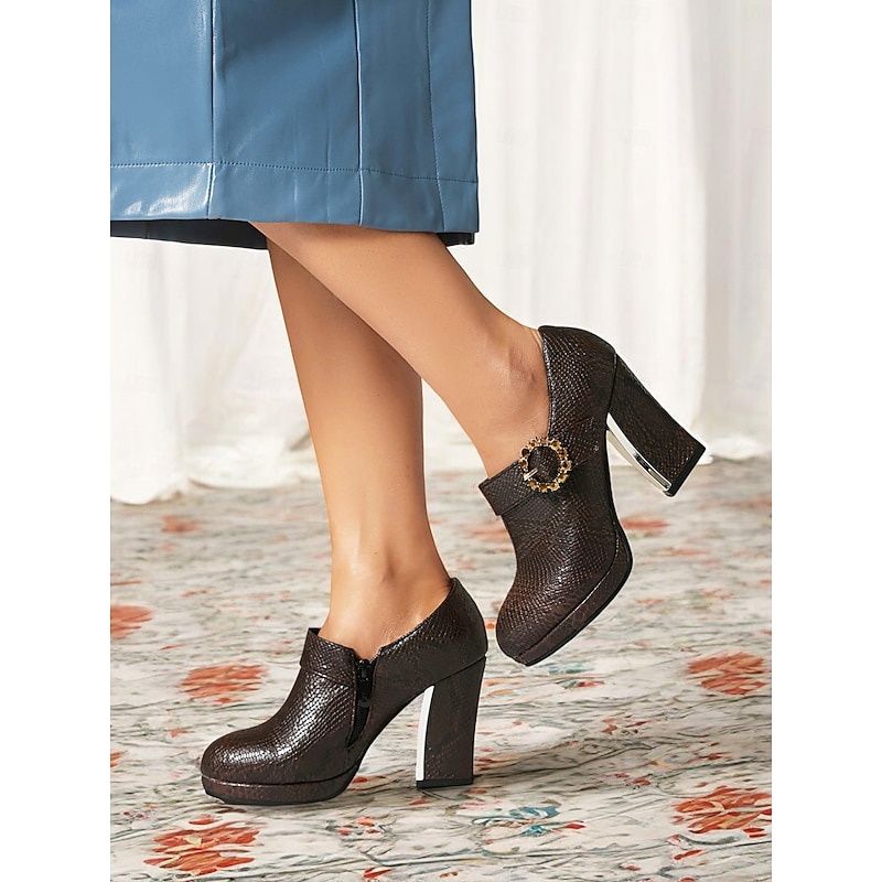 Women's Brown Snakeskin Platform Ankle Boots with Gold Buckle – Stylish High Heel Booties for Parties and Evening Wear2