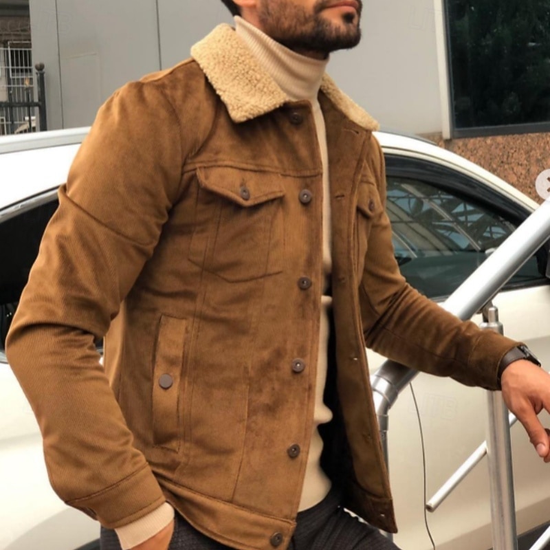 Men's Shirt Jacket Corduroy Jacket Fleece Jacket Formal Home Pocket Winter Spring &  Fall Solid Color Vintage Fashion Shirt Collar Regular Brown Jacket3