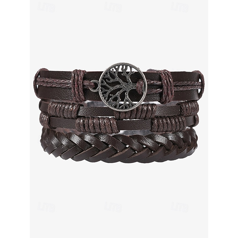 Men's Leather Beaded Bracelet Set with Tree of Life Charm – Vintage Layered Wristband Jewelry