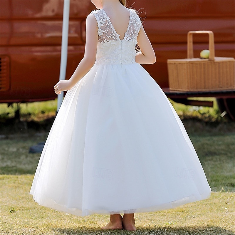 Kids Girls' Flower Girl Dress Party Dress Solid Color Sleeveless Performance Wedding Party Mesh Backless Patchwork Beautiful Sweet Polyester Maxi Party Dress Swing Dress Tulle Dress Spring Fall 4-124