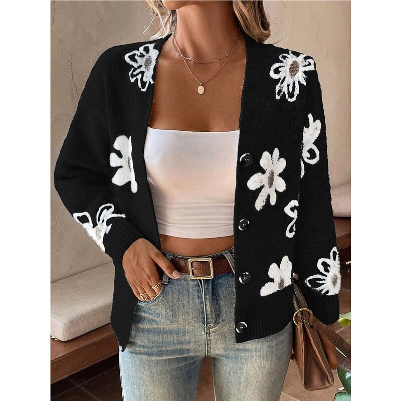Women's Sweater Cardigan Casual Soft Floral Ribbed V Neck Buttons Knitted Long Sleeve Regular Tops Knit Outdoor Daily Weekend Black Light Grey Fall Winter4