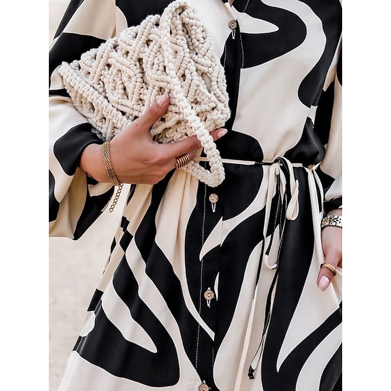 Women's Color Block Shirt Collar Maxi Dress Long Sleeve Spring Fall4