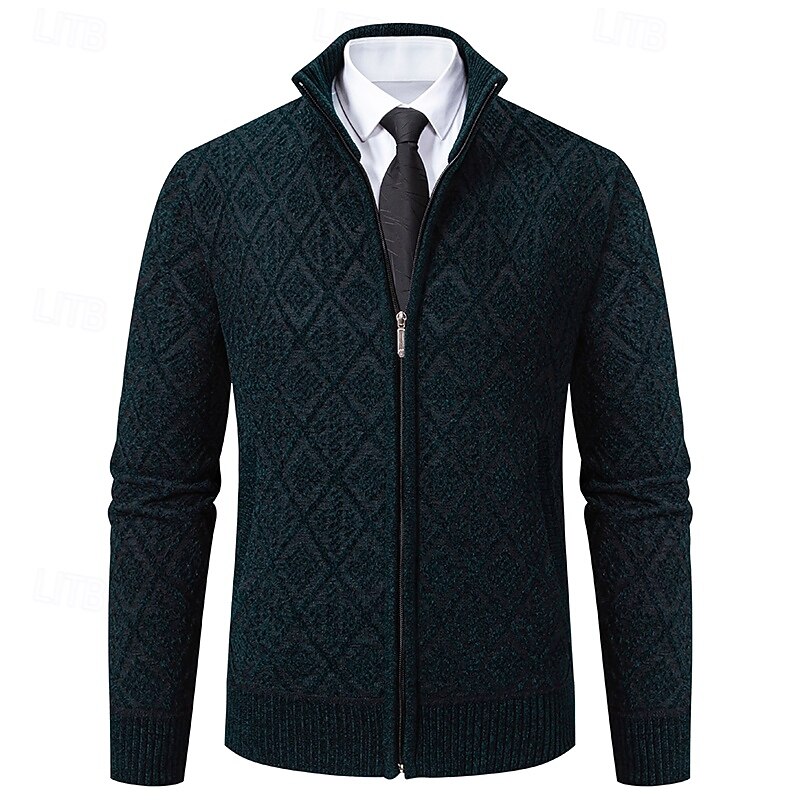 Men's Cardigan Zip Sweater Chunky Knit Regular Zipper Pocket Geometric Standing Collar Knitwear Elegant Home Work Clothing Apparel Bishop Sleeve Spring Fall Black Navy Blue M L XL 7