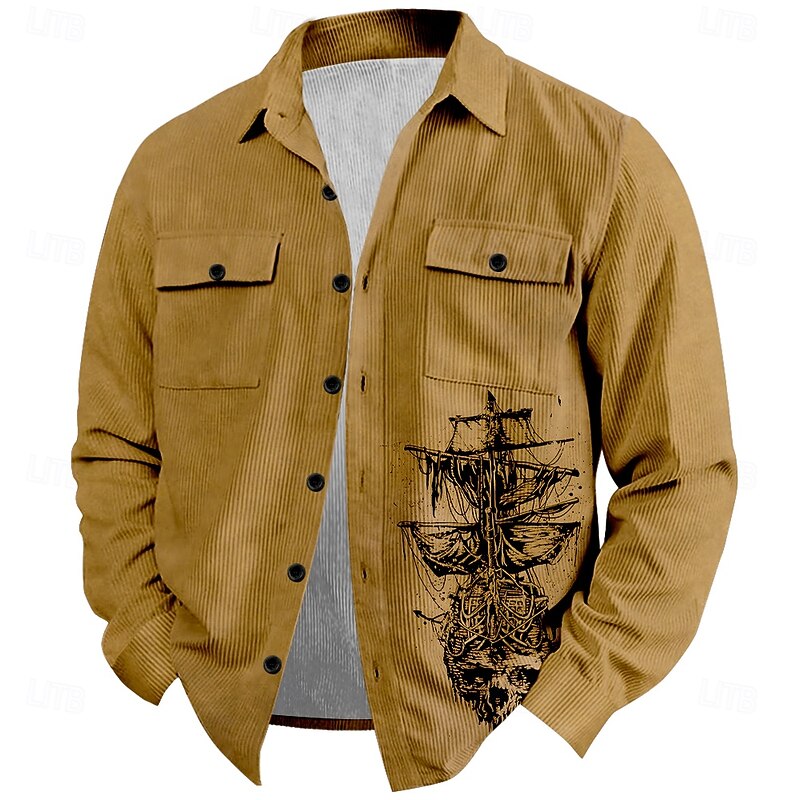 Men's Nautical Corduroy Shirt Shirt Jacket Overshirt Long Sleeve Vintage Tribal Outdoor Dailywear Fall & Winter Turndown Collared Shirts Buttons 3D Print 2 Pockets 1pc Black Grey Navy Blue Brown
