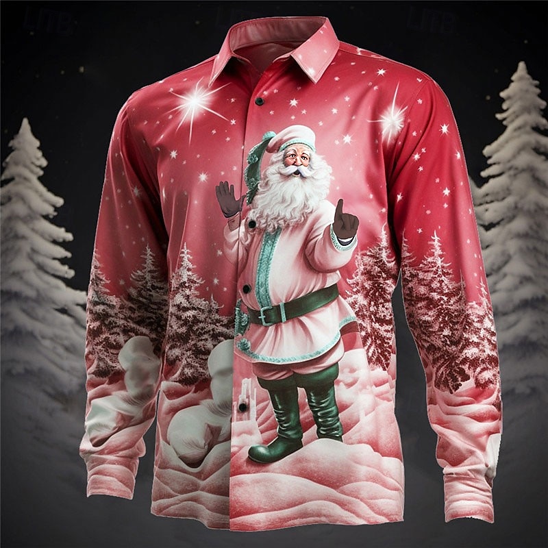 Men's Santa Claus Shirt Long Sleeve Casual Christmas Daily Wear Going out Fall & Winter Turndown Print Button-Down Gray+Purple Red+Pink Light Blue Yellow Red2