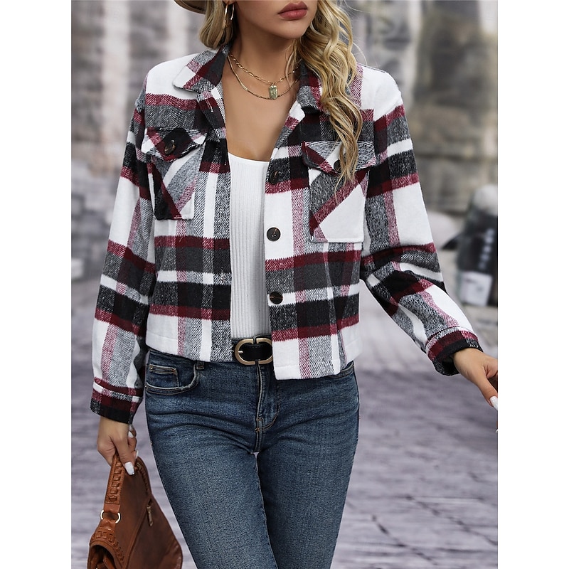 Women's Coat Outdoor Street Daily Wear Fall Winter Short Coat Regular Fit Thermal Warm Breathable Stylish Casual Jacket Long Sleeve Stripes and Plaid with Pockets Print Red Green Khaki - Main Image