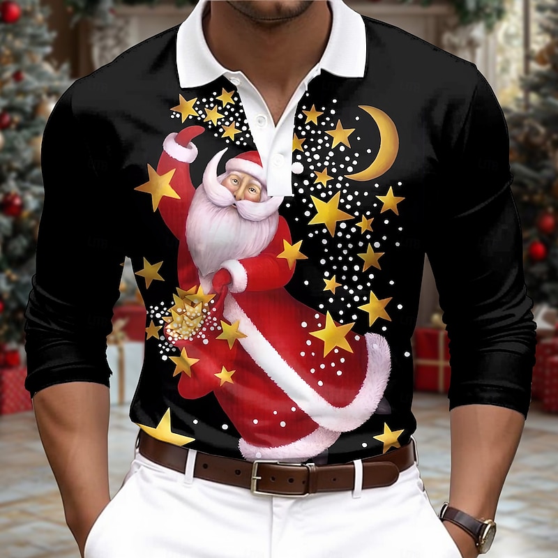 Christmas Men's Santa Claus Polo Shirts Golf Polos Shirts Long Sleeve Polo Shirts Collar Casual Vacation Event / Party Dailywear 3D Print Buttons Spring Fall & Winter Black