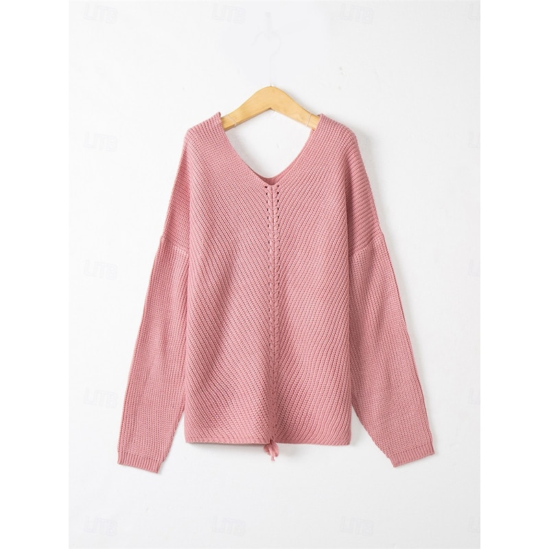 Women's Sweater Pullover Sweater Jumper Casual Soft Pure Color Ribbed V Neck Knitted Long Sleeve Regular Tops Knit Outdoor Daily Weekend Pink Blue Fall Winter2