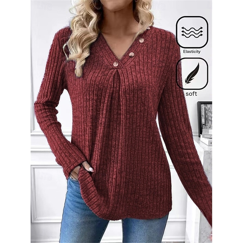 Women's T Shirt Plain Fashion Modern Casual Long Sleeve V Neck Regular Tops Daily Weekend Buttons Red Green Fall Winter
