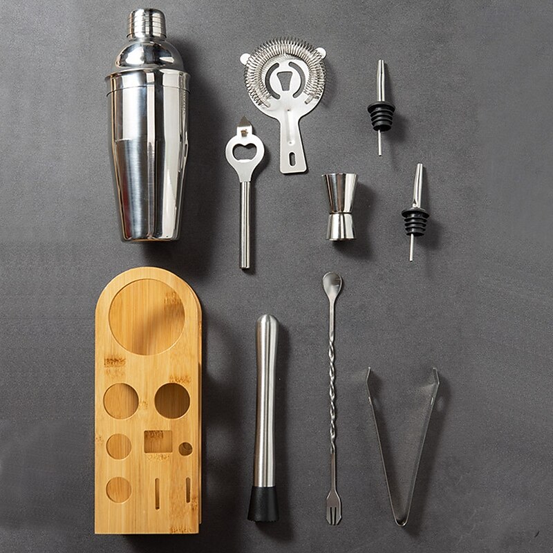Cocktail Shaker Set Bartender Kit with Stand 10pcs Cocktail Shaker Mixer Stainless Steel 550ml Bar Tool Set with Stylish Bamboo Stand Perfect Home Bartending Kit and Martini Cocktail Shaker Set2