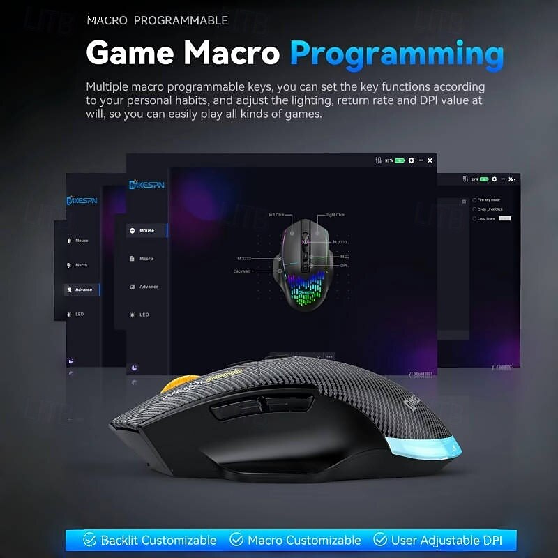 MKESPN Wireless 2.4G Bluetooth 3 Modes Connect Mouse 12800DPI Adjust Macro RGB Gaming Mouse Programmable 500 mAh Rechargeable3
