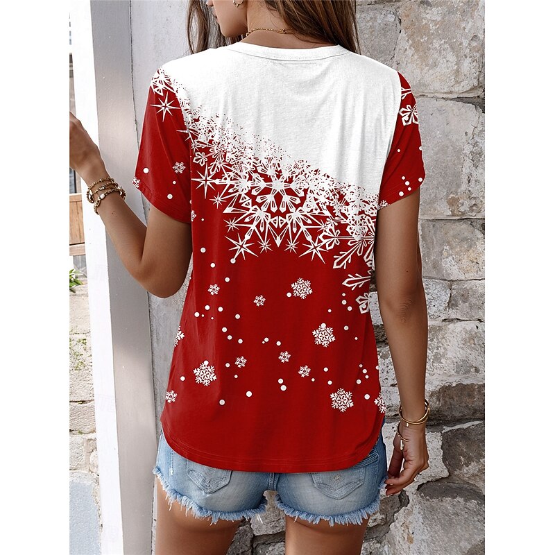 Women's T shirt Snowflake Gradient Print Short Sleeve Round Neck Casual Summer Top Red White Comfort Fit Daily Wear Holiday Fashion2