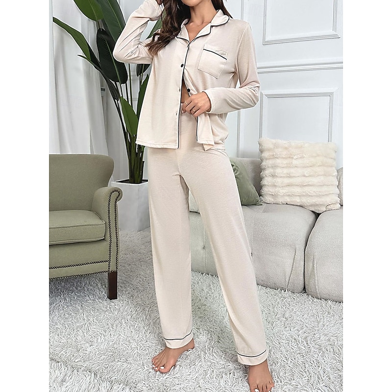 Women's Pajama Set Pure Color Casual Comfort Home Daily Comfort Warm Lapel Long Sleeve Shirt Pant Button Up Elastic Waist Fall Winter Home Outfits 5