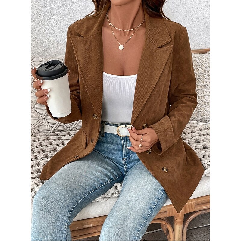 Women's Corduroy Jacket Office Button Solid Color Vintage Loose Fit Outerwear Long Sleeve Spring dark brown S4