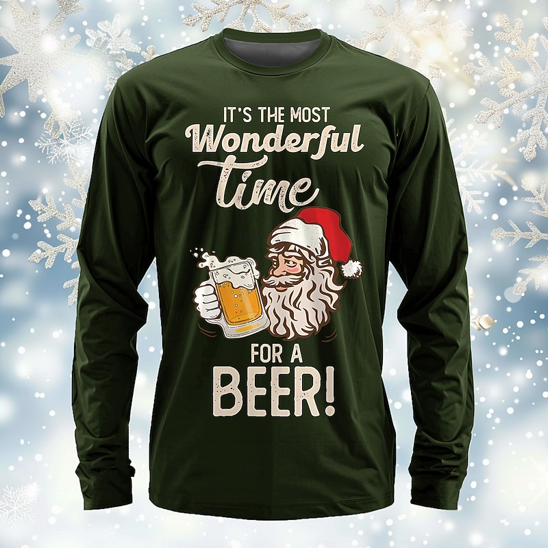 Christmas Men's Santa Claus Oktoberfest Beer T Shirt Long Sleeve T shirt 3D Print Crew Neck Shirt Daily Designer Festival Party Street Casual Black Burgundy Green Summer Spring Fall Clothing Apparel