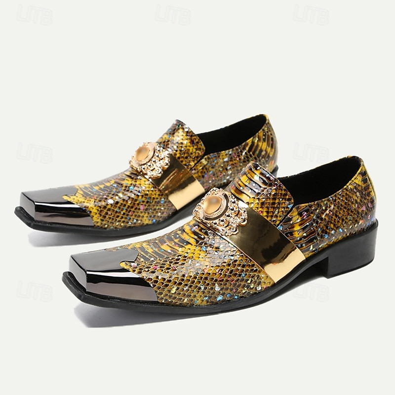 Men's Snake Print Leather Slip-On Dress Shoes with Gold Tip Gold Metal Embellishment–Premium Cowhide, Formal Party Footwear2