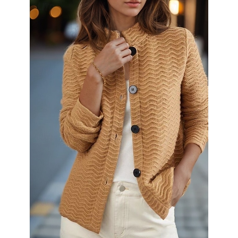 Women's Sweater Cardigan Sweater Jacket Stand Collar Knit Button Knitted Spring Fall Home Daily Weekend Vintage Daily Soft Long Sleeve Pure Color Camel Beige2