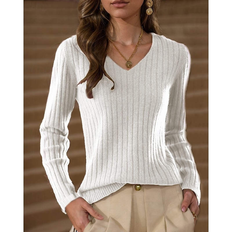 Women's Sweater Pullover Sweater Jumper V Neck Knit Knitted Spring Fall Daily Holiday Daily Soft Long Sleeve Pure Color Black White4