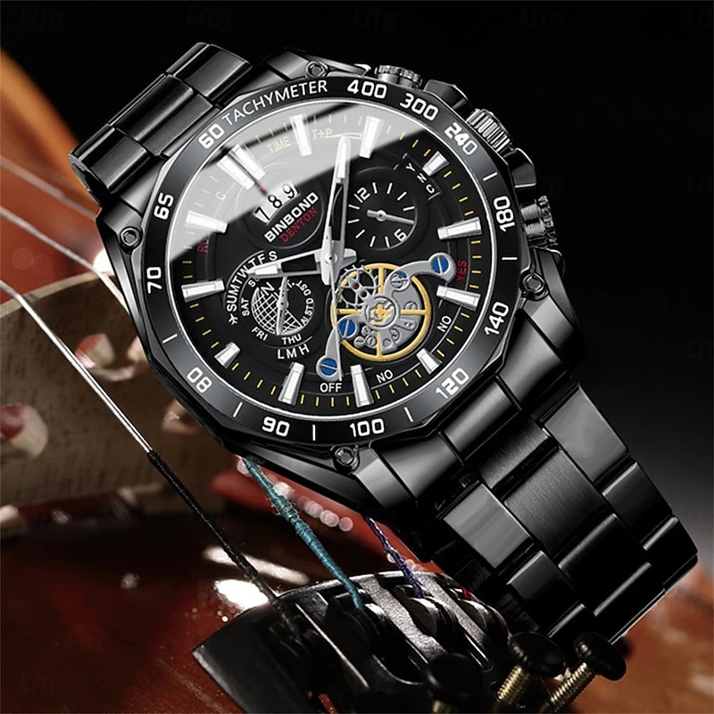 BINBOND Luxury Gold Watch Men Round Japan Quartz stainless steel Waterproof Sports Automatic Date Wrist Quartz Watch B47503