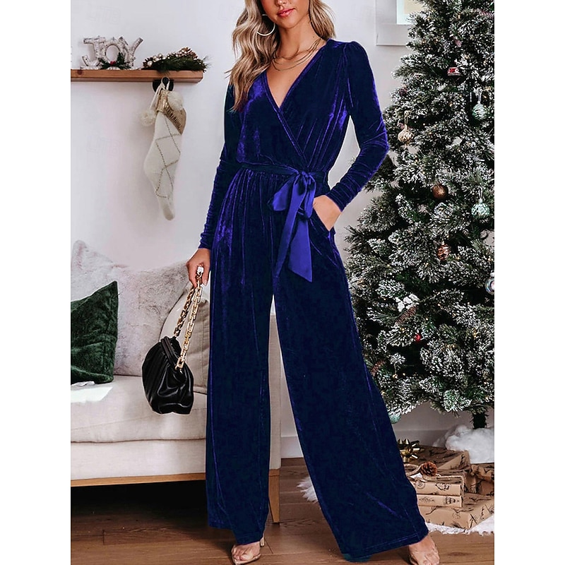 Women's Normal Jumpsuit Stylish Solid Color Long Sleeve Deep V Belted Vacation Party Regular Fit Black Red Blue Spring4