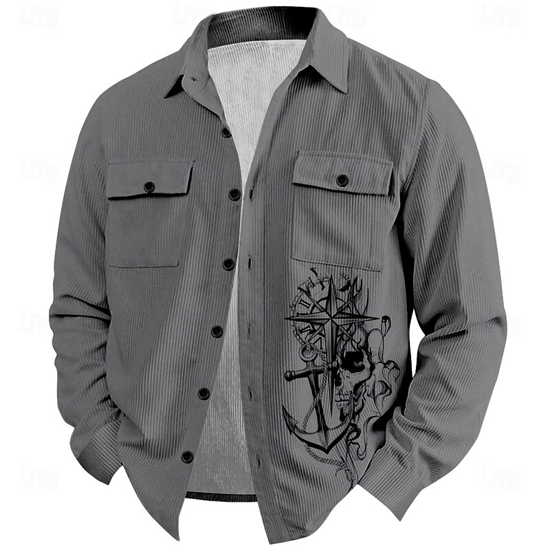 Men's Wolf Nautical Corduroy Shirt Shirt Jacket Overshirt Long Sleeve Vintage Tribal Outdoor Dailywear Fall & Winter Turndown Collared Shirts Buttons 3D Print 2 Pockets 1pc Black Navy Blue Brown3