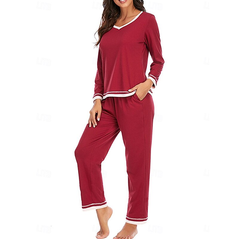 Women's Pajama Set Pure Color Casual Comfort Home Daily Cotton Comfort Warm Crew Neck Long Sleeve T shirt Pant Elastic Waist Fall Winter Home Outfits3