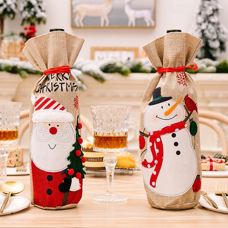Christmas Wine Bottle Covers, Burlap Santa & Snowman Wine Bags, Cartoon Drawstring Wine Bottle Sack Decoration for Holiday Party