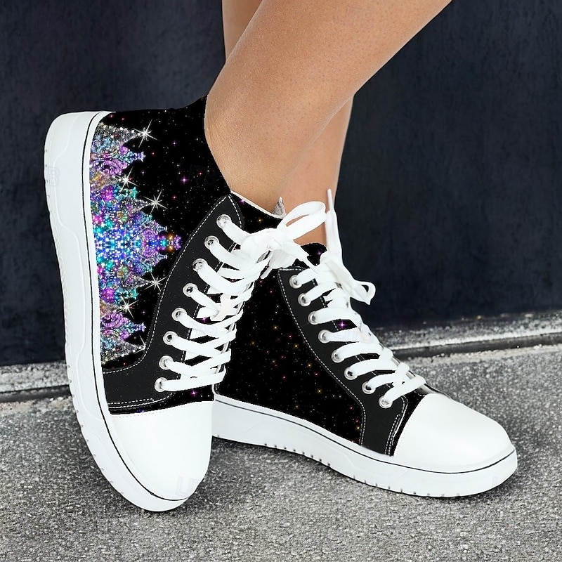 Women's Christmas Tree Print High-Top Sneakers - Festive Lace-Up, Lightweight Casual Shoes for Holiday Style3