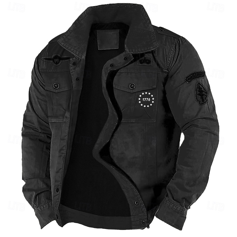 Men's Cotton Embroidered Military Jacket Cargo Jacket with Shoulder Straps Long Sleeve Standing Collar Multi-Pockets Coat Trucker Jacket 1776 Letter Print Tactical Outerwear3