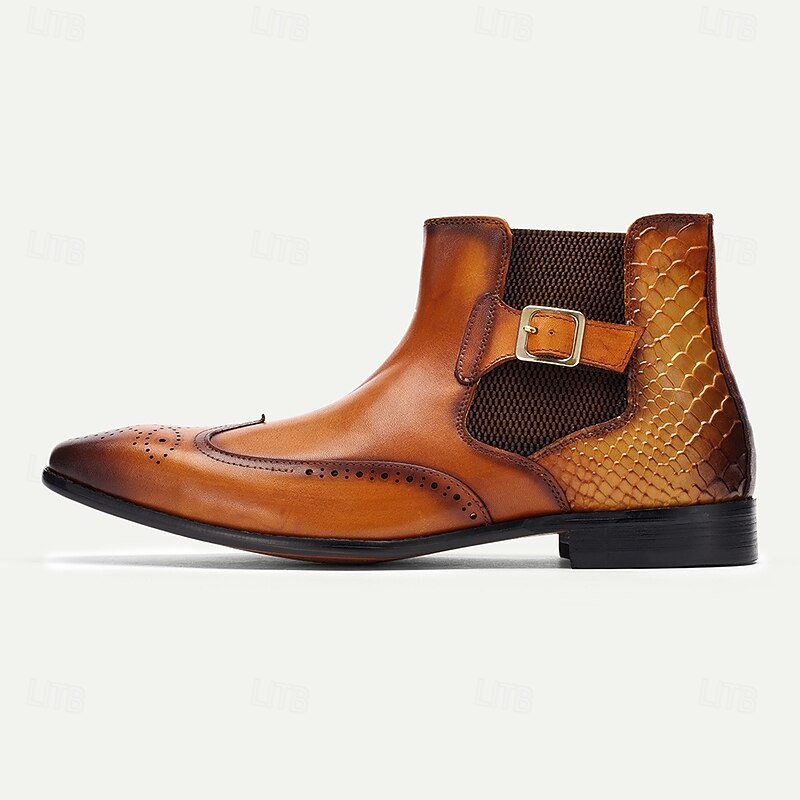 Men's Brown Ankle Boots with Brogue Detailing & Snakeskin Accent - Premium Cowhide Leather Dress Boots for Formal & Casual Wear2