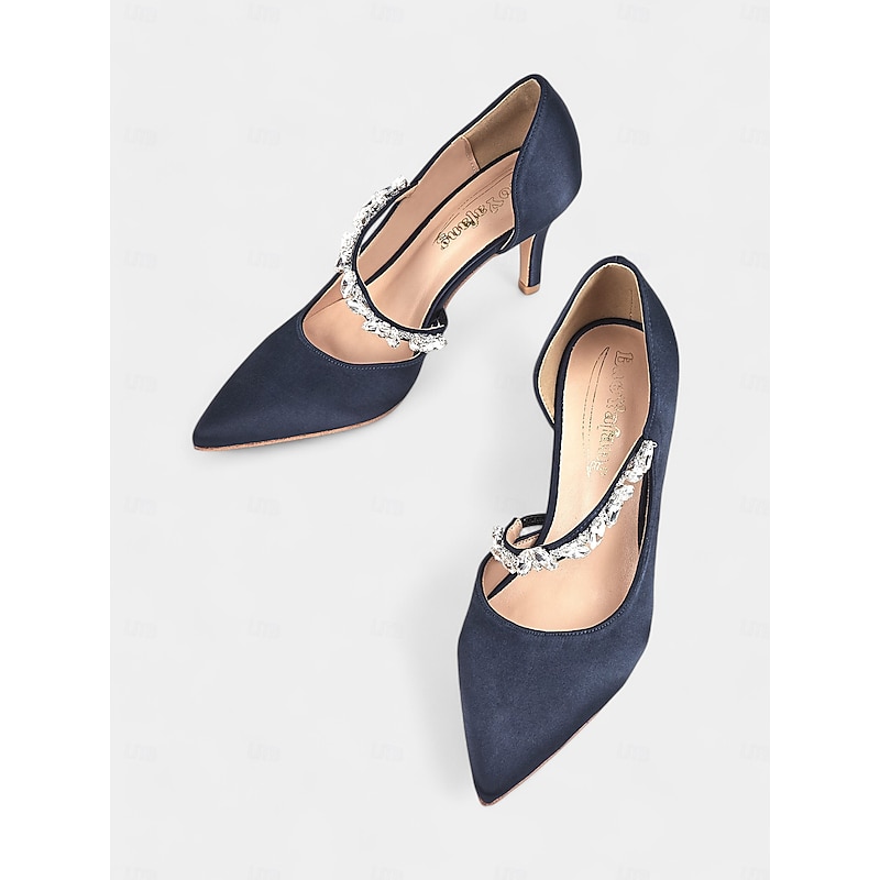 Women's Rhinestone Embellished Satin Heels - Elegant Pointed-Toe Pumps for Formal Events and Weddings4
