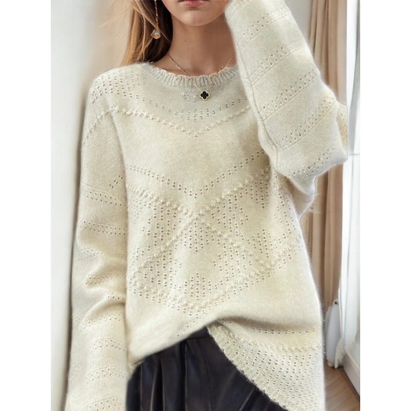 Women's Sweater Pullover Sweater Jumper Crew Neck Knit Hollow Out Crewneck Knitted Drop Shoulder Spring Fall Home Daily Holiday Daily Stylish Soft Long Sleeve Pure Color White Pink2