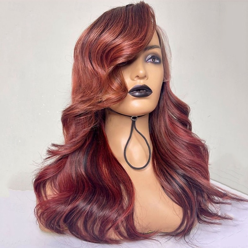 Human Hair 13x4 Lace Front Wig Side Part Brazilian Hair Body Wave Burgundy Wig 130% 150% Density Highlighted / Balayage Hair Natural Hairline 100% Virgin Glueless Pre-Plucked For Women Long Human3