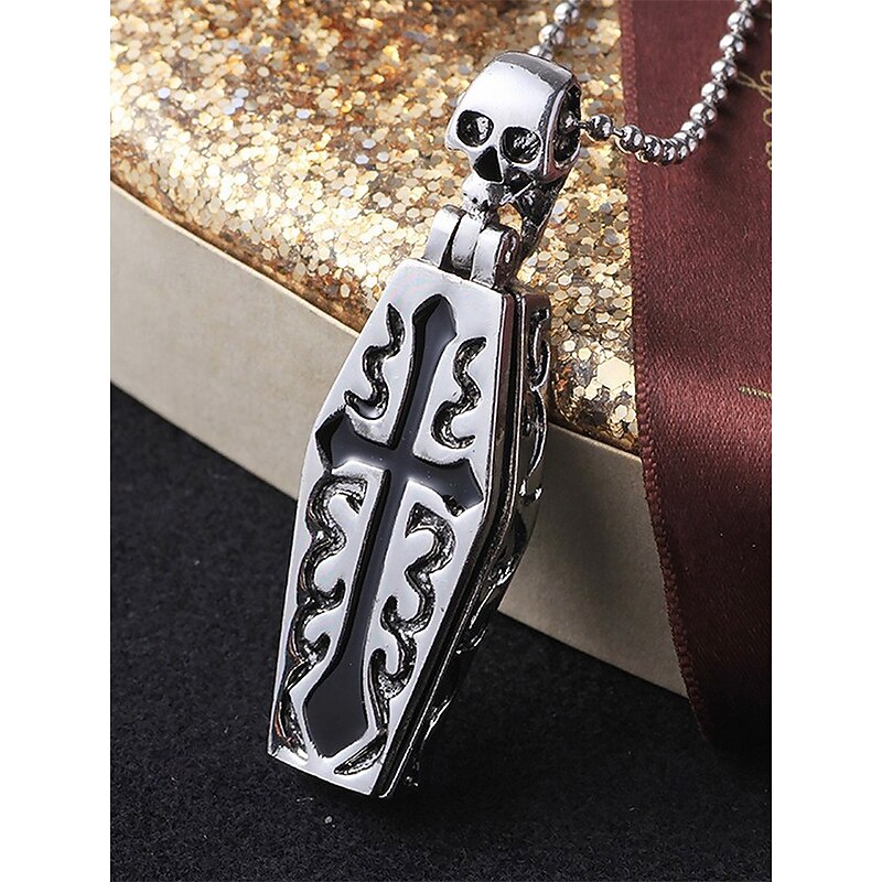 Gothic Skull and Coffin Cross Pendant Necklace – Stainless Steel Vintage-Style Amulet for Men